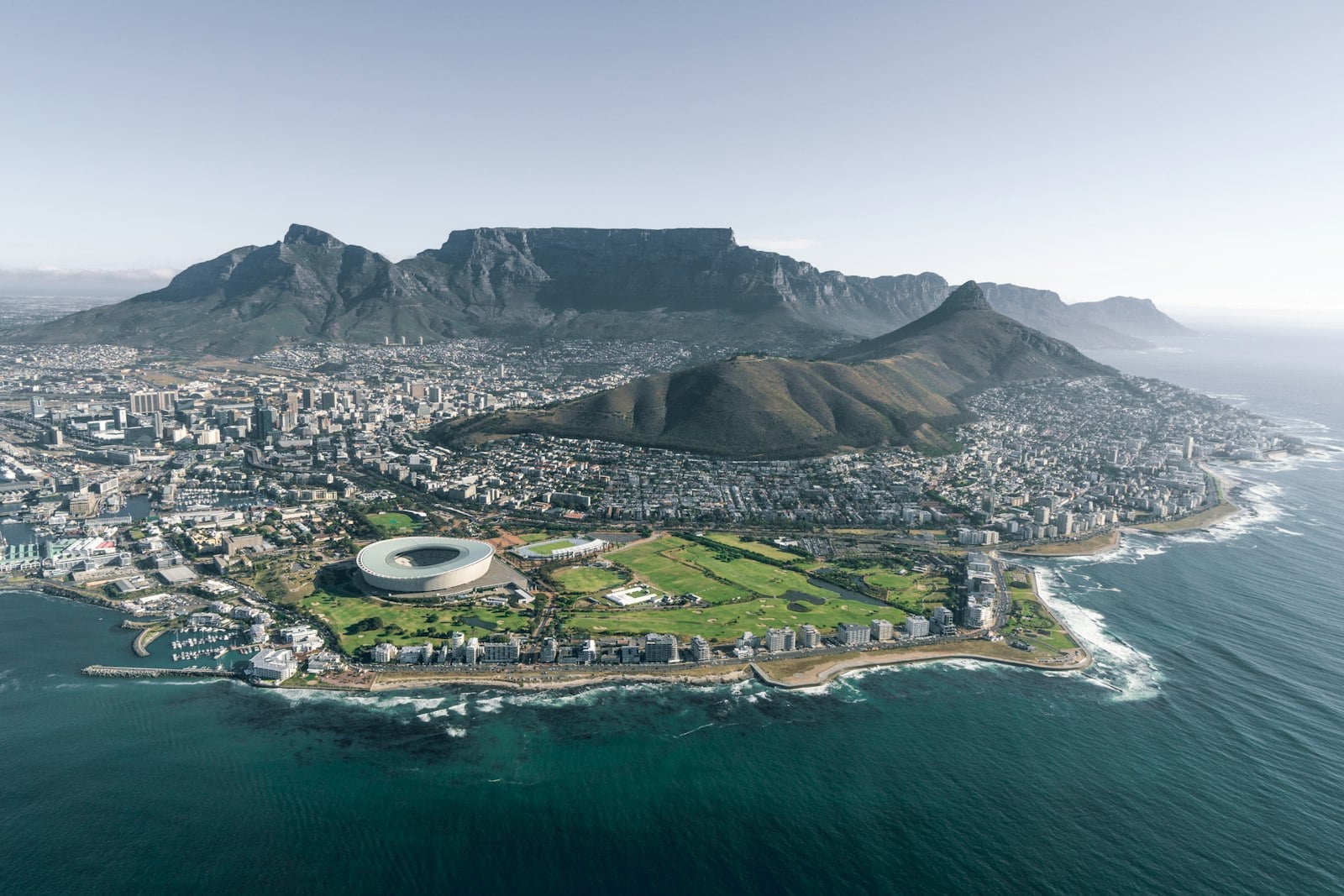 Cape Town aerial view with Table Mountain at dusk